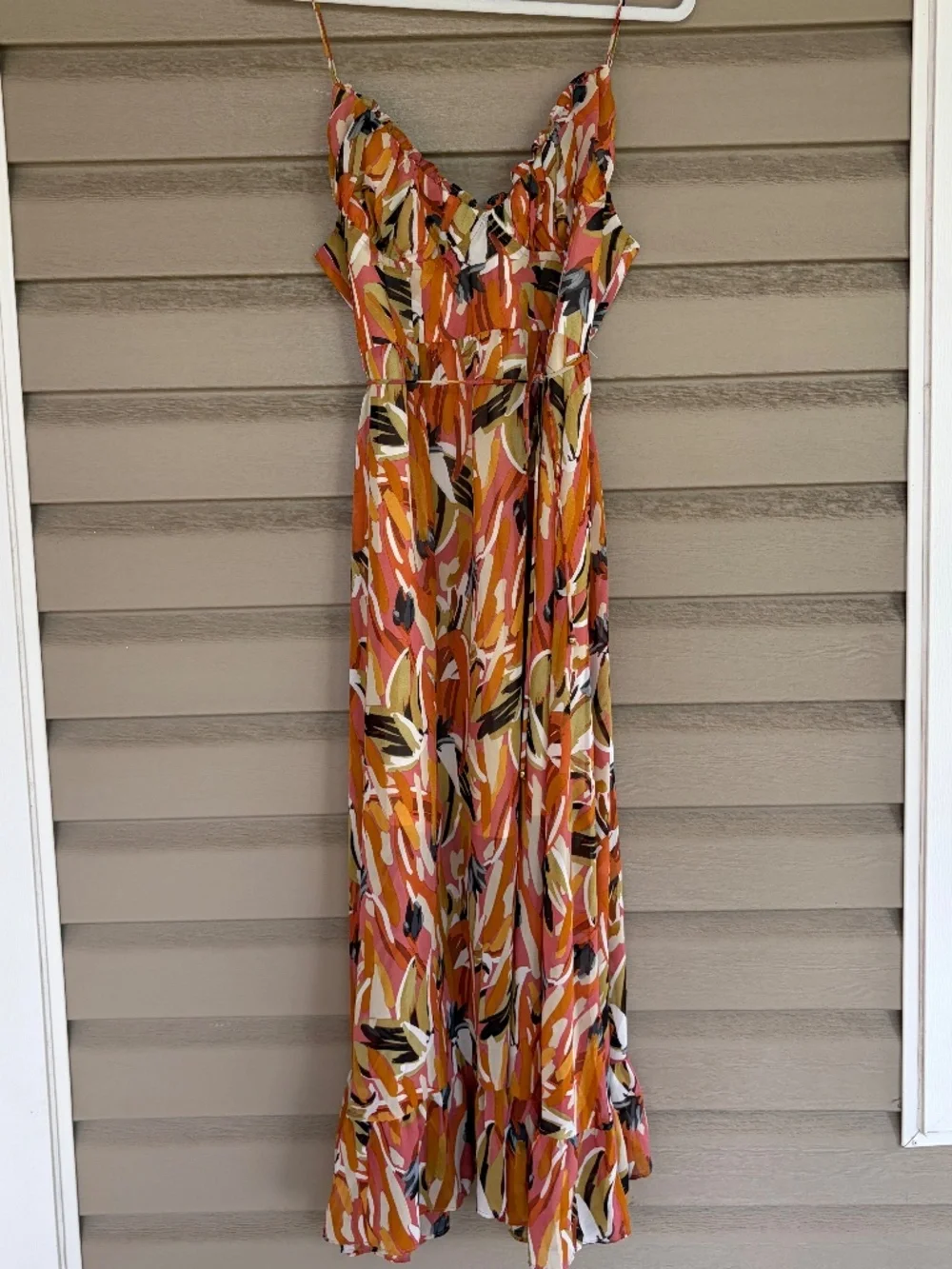Hello Molly Orange Multi-Print Ruffle Hem Midi Dress